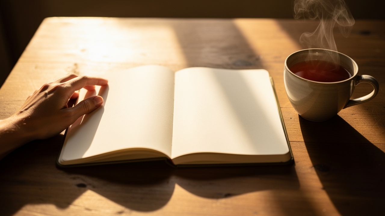 Carnet ouvert aux pages vierges sur une table en bois, accompagné d’une tasse de thé et de la main détendue d’une femme, dans une lumière douce évoquant l’intuition.