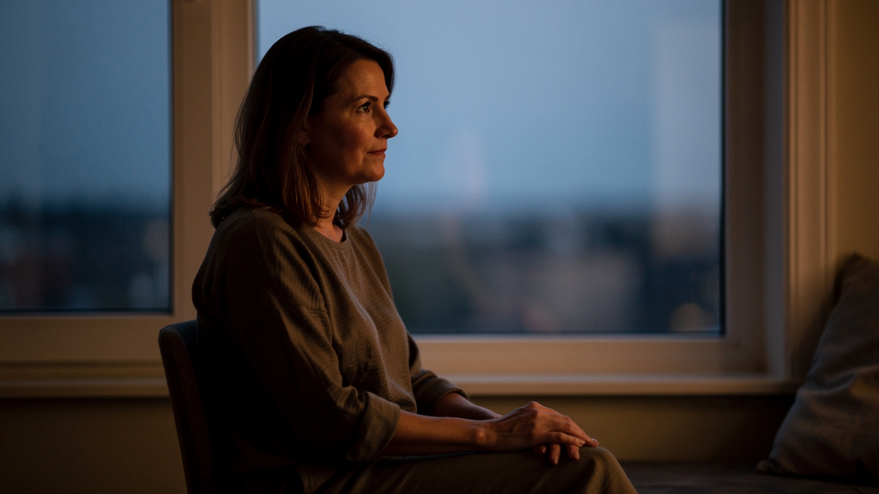 Femme pensive assise près d’une fenêtre au crépuscule dans une ambiance douce et spirituelle.