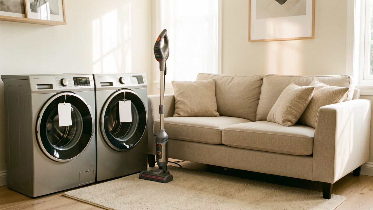 Salon lumineux et réaliste avec un lave-linge, un aspirateur et un canapé, aménagé dans une ambiance de préparation aux promotions.