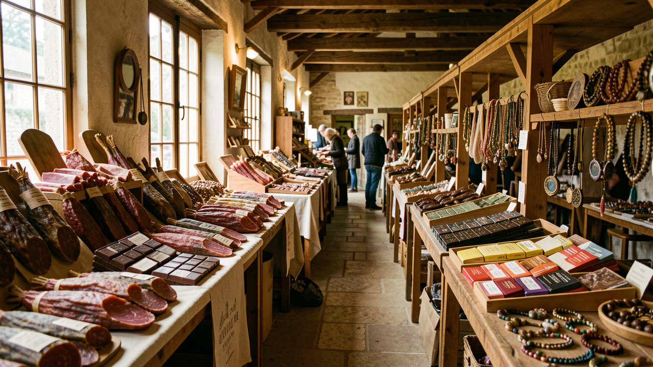 Allée chaleureuse d’un salon de producteurs à Ussel avec étals de charcuteries, chocolats et bijoux artisanaux éclairés par la lumière naturelle.