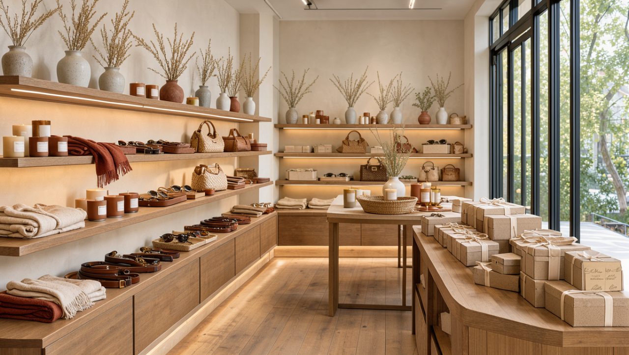 Intérieur lumineux d’une boutique lifestyle française présentant des accessoires de mode, des bougies, des vases et des coffrets gourmands disposés sur des étagères en bois.